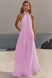 Simple White Halter A Line Chiffon Engagement Dress