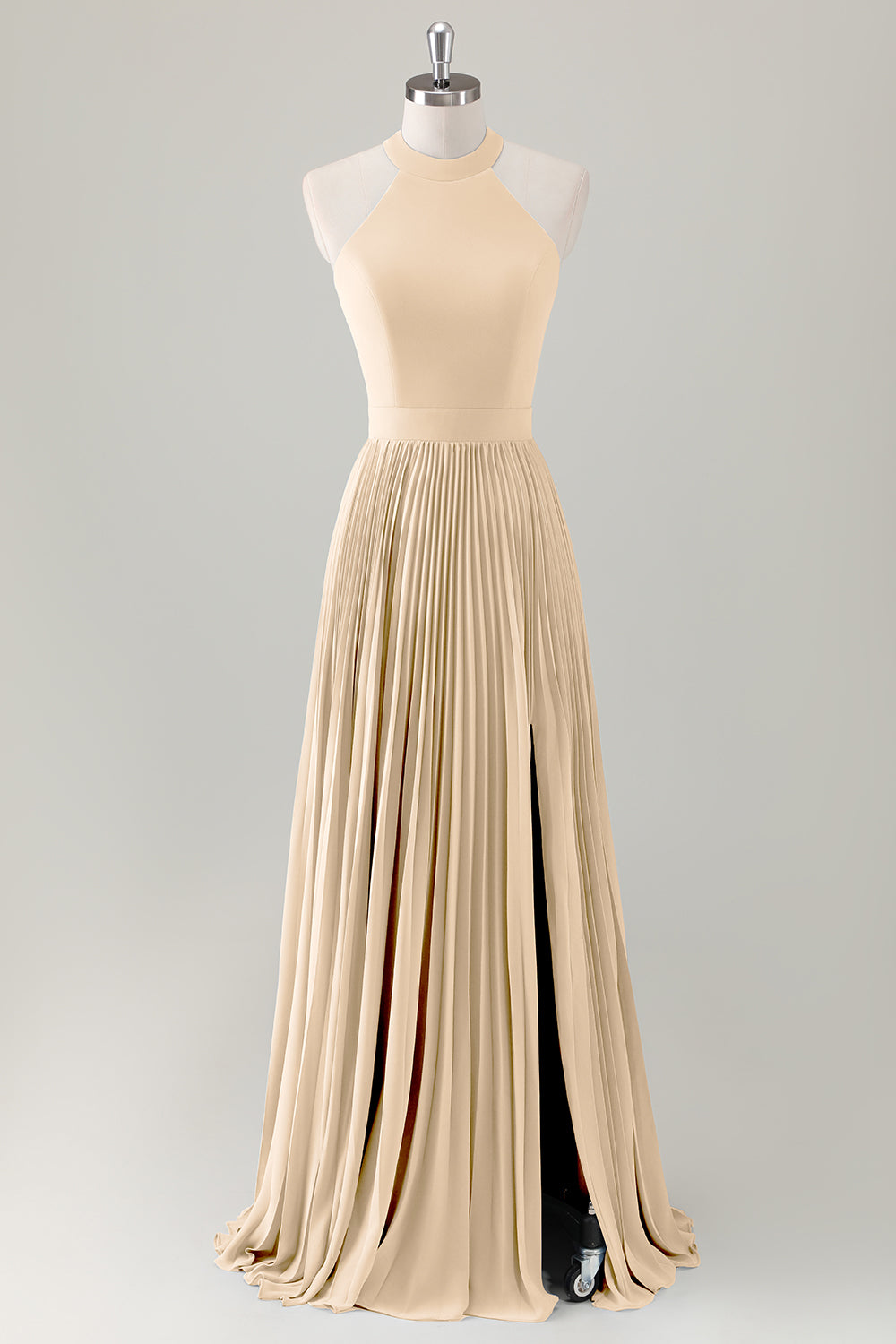 Berylove Women Grey Blue Pleated Bridesmaid Dress with Slit A Line Halter Backless Maxi Wedding Guest Dress, Champagne / US2 Berylove Women Grey Blue Pleated Bridesmaid Dress with Slit A Line Halter Backless Maxi Wedding Guest Dress, Champagne / US2