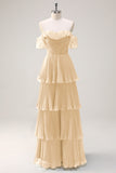 Eucalyptus Tiered A Line Pleated Off the Shoulder Bridesmaid Dress