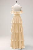 Eucalyptus Tiered A Line Pleated Off the Shoulder Bridesmaid Dress