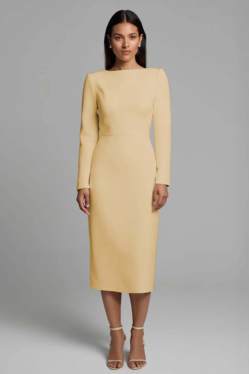 Berylove Women Ivory Sheath Work Dress Long Sleeve Boat Neck Midi Business Dress, Champagne / US12 Berylove Women Ivory Sheath Work Dress Long Sleeve Boat Neck Midi Business Dress, Champagne / US12