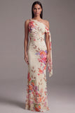 Floral Asymmetrical Neck Black Mermaid Ruched Formal Dress