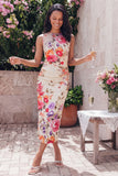 Bateau Neck Black Floral Ruched Midi Wedding Guest Dress