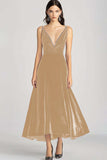 Velvet Beaded V Neck Tea-Length Burgundy Formal Dress