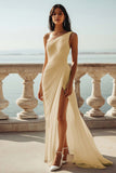 One Shoulder Ivory Ruched Engagement Dress with Slit