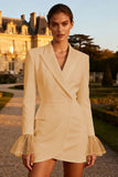 White Peak Lapel Work Dress with Long Sleeves