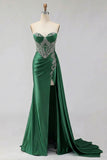 Sweetheart Mermaid Mint Green Beaded Satin Prom Dress With Slit