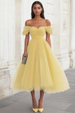 Yellow Off The Shoulder A Line Tulle Prom Dress