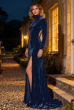Navy Velvet Cut Out High Neck Maxi Holiday Party Dress With Slit