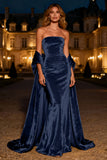 Silver Strapless Mermaid Velvet Maxi Formal Dress With Cape