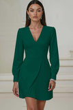 Ivory V-Neck Long Sleeve Pleated A-Line Work Dress