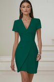 Pencil V-Neck Ivory Work Dress With Pleats