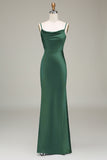 Dusty Blue Sheath Cowl Neck Satin Maxi Dress with Slit