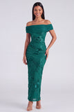 Blue Off the Shoulder Appliqued Bodycon Wedding Guest Dress