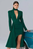 Black Notched Lapel Long Sleeve Semi-Formal Dress With Slit