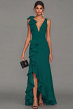 Black Bowed V Neck Maxi Formal Dress with Ruffles