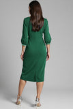 Navy V-Neck Sheath Midi Dress with 3/4 Sleeves