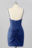 Royal Blue Beaded Ruched Corset Tight Homecoming Dress