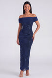 Blue Off the Shoulder Appliqued Bodycon Wedding Guest Dress