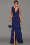 Black Bowed V Neck Maxi Formal Dress with Ruffles