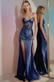 Corset Appliqued Mermaid Golden Prom Dress With Slit
