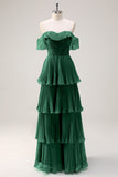Eucalyptus Tiered A Line Pleated Off the Shoulder Bridesmaid Dress