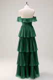 Eucalyptus Tiered A Line Pleated Off the Shoulder Bridesmaid Dress