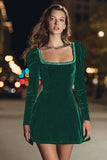 Black Long Sleeve Square Neck Velvet Cocktail Dress with Beading