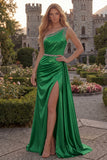 Sparkly One Shoulder Dark Green Ruched Prom Dress