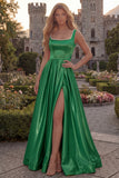 Blush A Line Square Neck Satin Prom Dress with Pearls