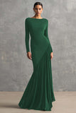 Black Pleated Mermaid Bateau Neck Formal Dress with Long Sleeves