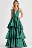 Tiered V Neck Fuchsia A Line Formal Dress