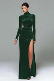 Black Velvet Cut Out High Neck Long Sleeve Formal Dress with Slit