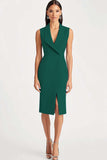 Blue Bodycon V-Neck Work Dress with Slit