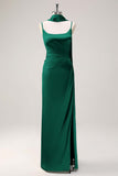 Sage Sheath Spaghetti Straps Slit Bridesmaid Dress with Ribbon