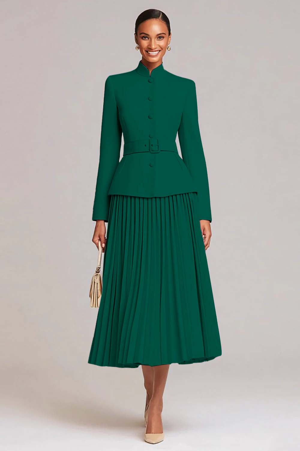 Berylove Women Light Pink 2 Piece Work Dress Pleated A-Line Single Breasted Business Casual Dress With Belt, Dark Green / S Berylove Women Light Pink 2 Piece Work Dress Pleated A-Line Single Breasted Business Casual Dress With Belt, Dark Green / S
