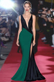 Mermaid Black&White Deep V Neck Long Gala Dress