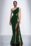 One Shoulder Velvet Sequin Mermaid Black Tie Dress With Slit