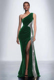 One Shoulder Velvet Sequin Mermaid Black Tie Dress With Slit