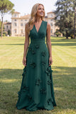 A Line V-Neck Fuchsia and Red Maxi Formal Dress With 3D Flowers