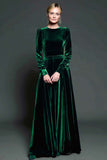 Dark Purple A Line Velvet Long Sleeve Formal Dress