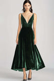 Velvet Beaded V Neck Tea-Length Burgundy Formal Dress