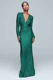 Gold Sheath Long Sleeve Maxi Evening Dress With Sequins