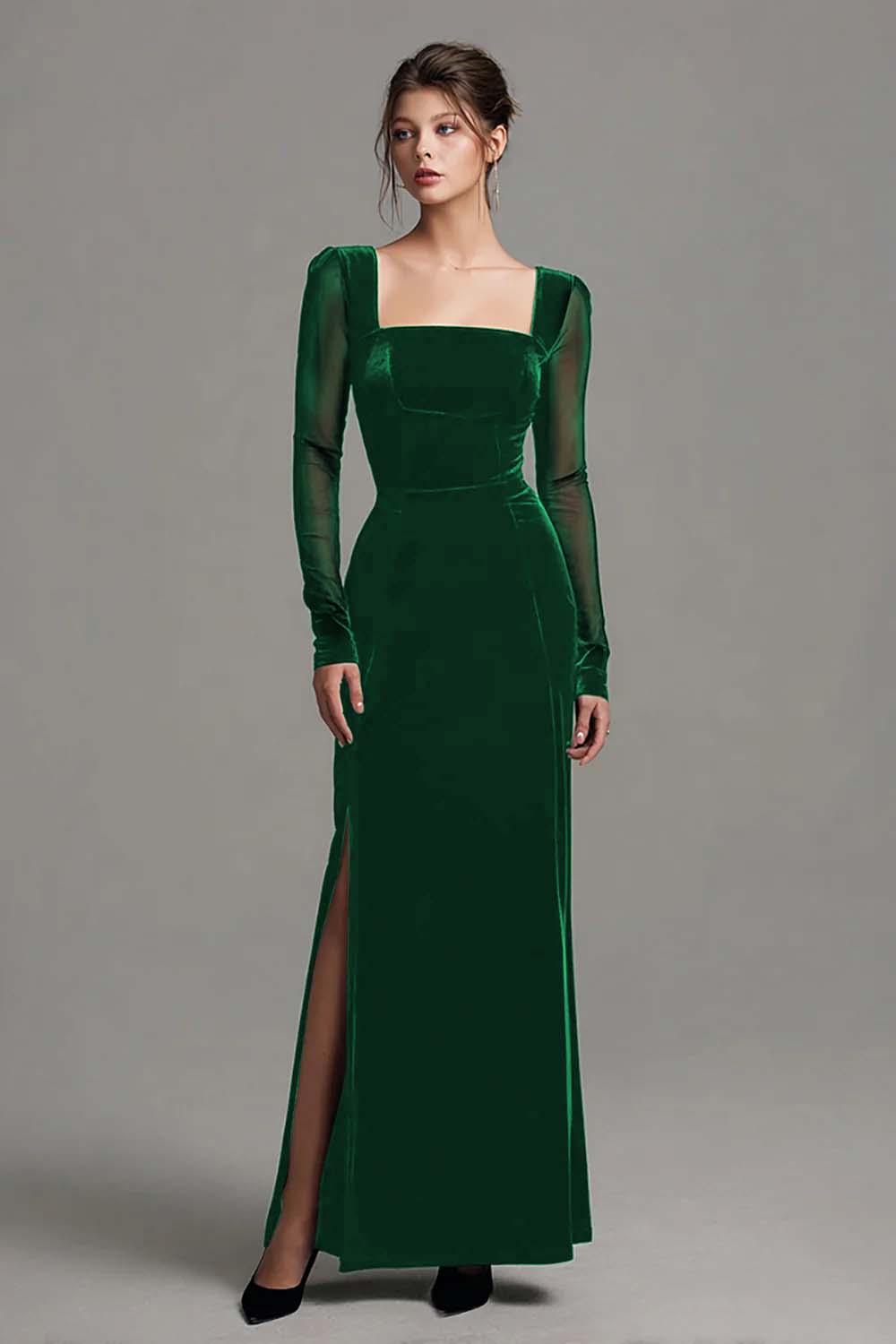 Berylove Women Black Formal Dress With Slit Square Neck Sheath Long Sleeve Evening Dress, Dark Green / custom Berylove Women Black Formal Dress With Slit Square Neck Sheath Long Sleeve Evening Dress, Dark Green / custom
