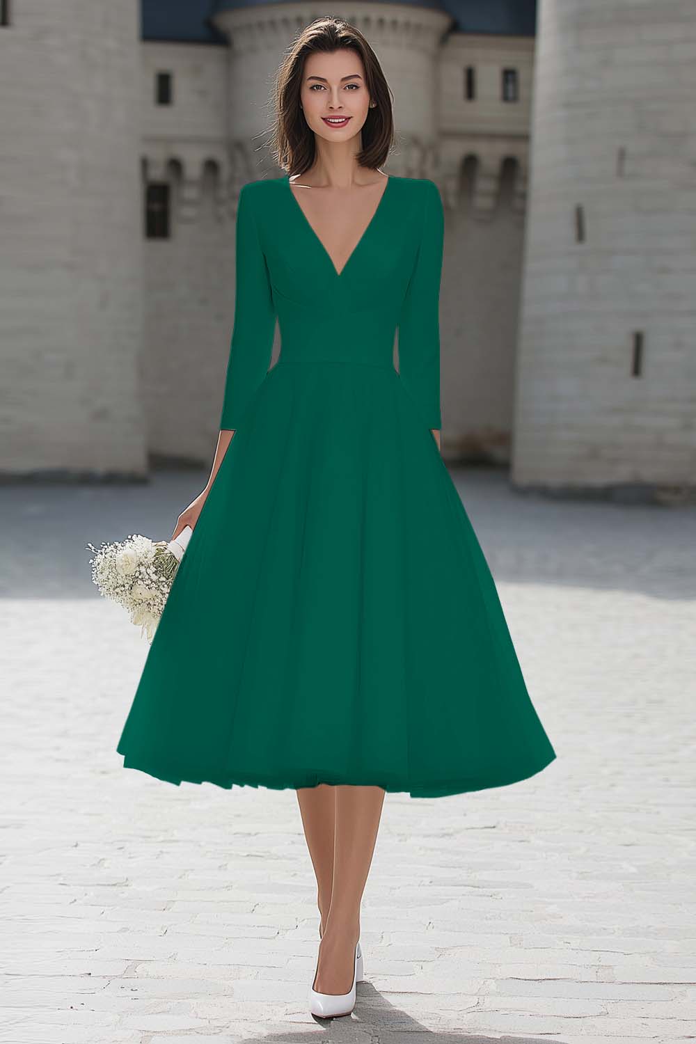 Berylove Women Ivory A-Line Engagement Dress Satin V-Neck Midi Bridal Shower Dress with 3/4 Sleeves, Dark Green / US26W Berylove Women Ivory A-Line Engagement Dress Satin V-Neck Midi Bridal Shower Dress with 3/4 Sleeves, Dark Green / US26W