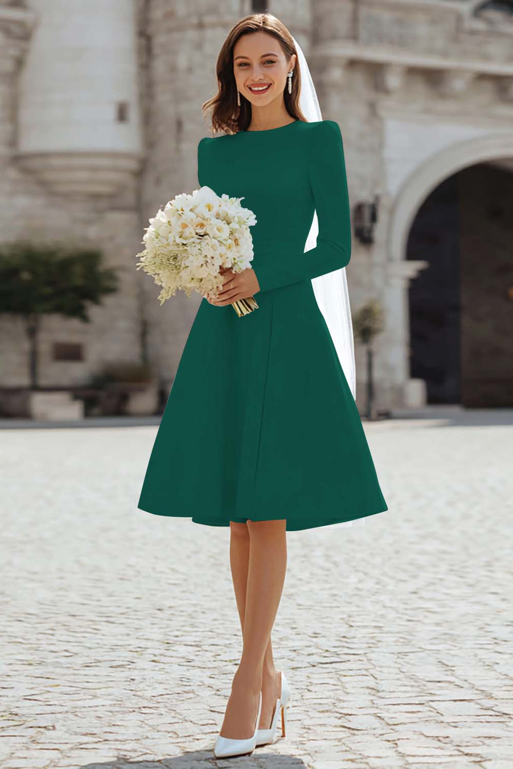 Berylove Women Ivory A-Line Engagement Dress Long Sleeve Bateau Neck Mini Bridal Shower Dress