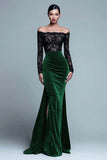 Black and Burgundy Off The Shoulder Mermaid Velvet Formal Dress With Slit