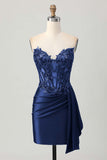 Dark Green Strapless Corset Appliqued Bodycon Homecoming Dress with Streamer
