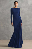 Black Pleated Mermaid Bateau Neck Formal Dress with Long Sleeves