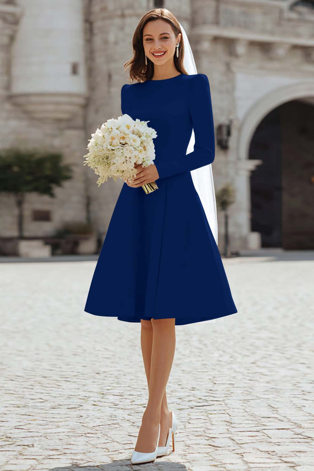 Berylove Women Ivory A-Line Engagement Dress Long Sleeve Bateau Neck Mini Bridal Shower Dress